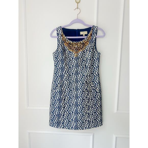 Anthropologie Beaded Blue and White Maison Souers Dress Size 4 Petite - Picture 2 of 11